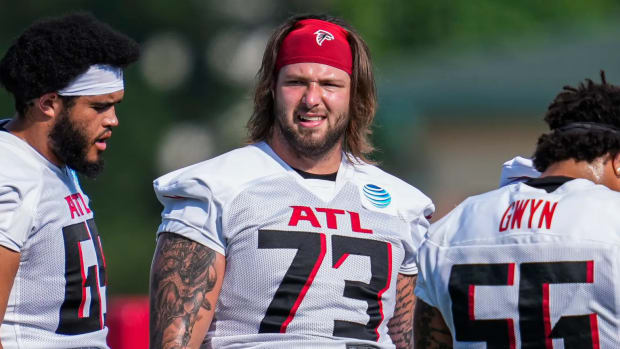 Atlanta Falcons offensive tackle Tyler Vrabel (73) on the field during training camp at IBM Performance Field